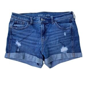 Old Navy Denim Mid-Rise Boyfriend Shorts Stretch Distressed Blue Cuffed Size 4